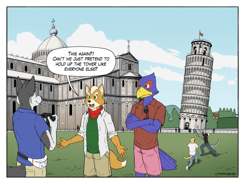 2018 4:3 annoyed anthro avian bandanna beak bird blue_eyes border bottomwear canid canine canis cathedral church clothed clothing comic cross crossed_arms dialogue domestic_dog english_text eyewear falco_lombardi fanny_pack feathers felid fox fox_mccloud fur green_eyes group hi_res holding_camera holding_object humor italy kerchief leaning_tower_of_pisa male mammal nintendo open_mouth outside pantherine polo_shirt pose shirt shorts signature smile snow_leopard speech_bubble star_fox sunglasses text togepi1125 topwear tourist vacation video_games white_border yiffyousayso