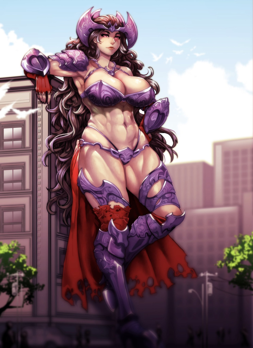 1girl abs armor armpits bikini_armor blue_sky breasts brown_hair building cape cleavage cloud commission curly_hair full_body giantess highres large_breasts lips long_hair looking_at_viewer navel niandni original red_cape red_eyes shoulder_armor sky solo standing standing_on_one_leg thick_thighs thighs toned tree very_long_hair waist_cape wide_hips