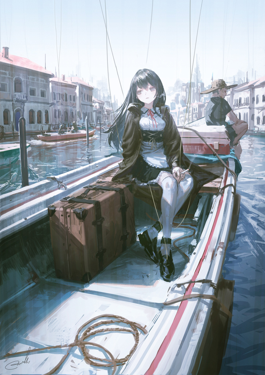 1boy 1girl 2others bag black_dress black_footwear black_hair blue_sky boat boots building cigarette dress hat highres jacket leather leather_jacket long_hair maid multiple_others original outdoors over-kneehighs parted_lips reoen ribbon rope sitting sky smoking straw_hat suitcase thighhighs venice watercraft white_legwear