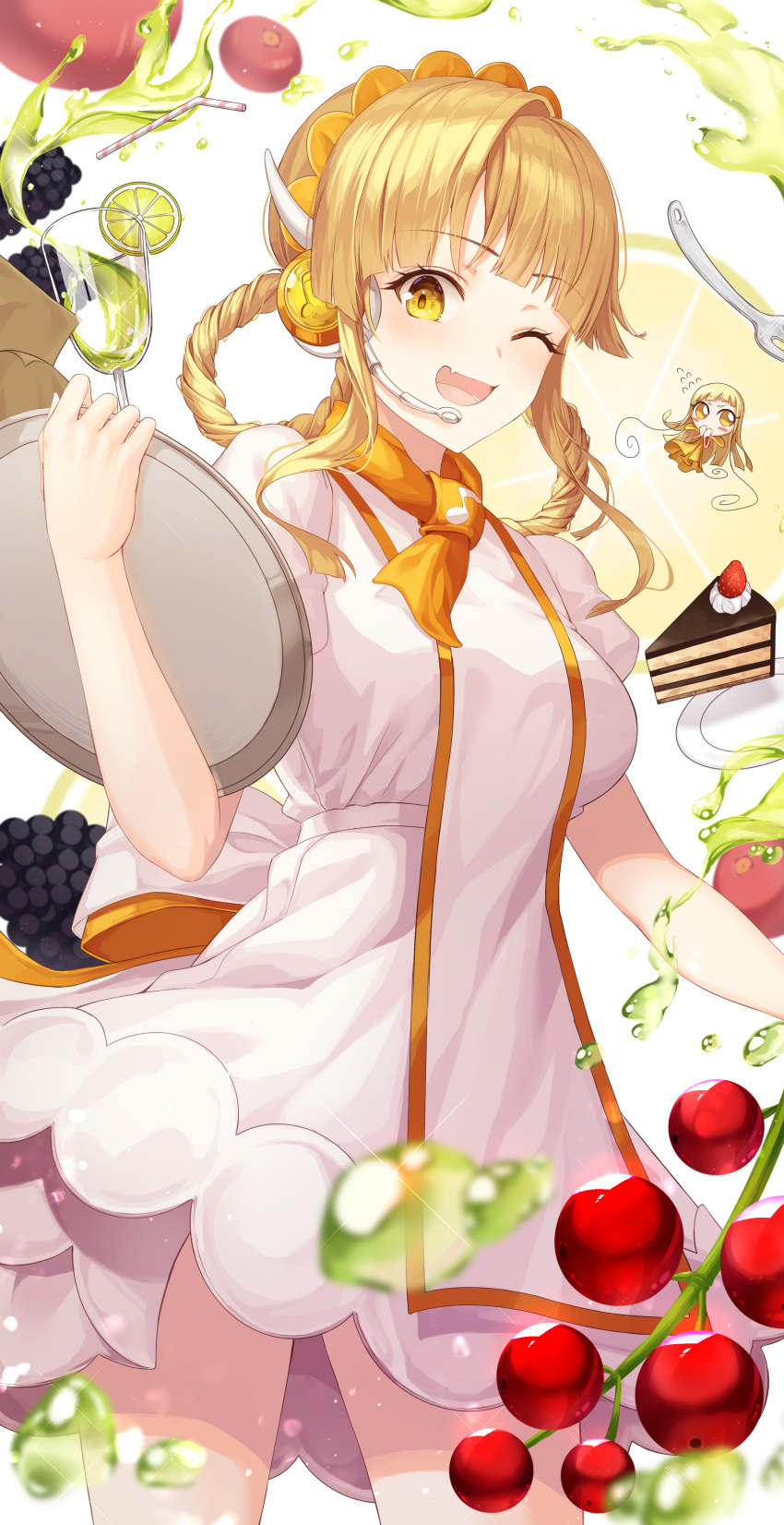 1girl :d absurdres bang_dream! bangs blonde_hair cake cherry chibi chibi_inset cowboy_shot cup dress drinking_glass drinking_straw eyebrows_visible_through_hair fang food fork fruit grapes hair_ornament hair_rings headband headphones hello_happy_world! highres holding lime_slice long_hair looking_at_viewer one_eye_closed open_mouth plate sidelocks smile solo ssalgolae tray tsurumaki_kokoro white_dress yellow_eyes yellow_neckwear