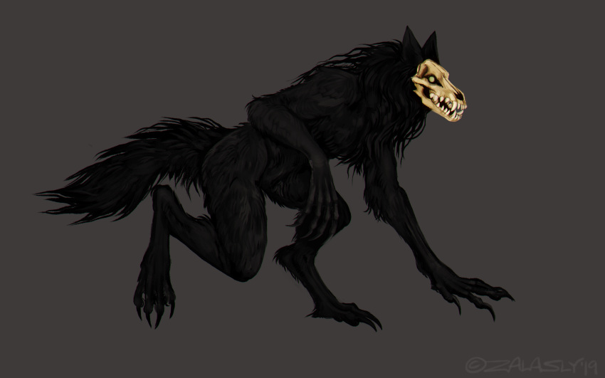 anthro black_body black_fur bone claws fluffy fluffy_tail fur hi_res male muscular muscular_anthro muscular_male noir scp-1471 scp_foundation simple_background skull skull_head solo