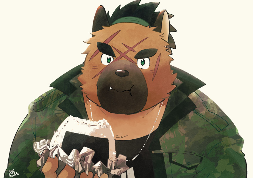 2020 anthro brown_body brown_fur canid canine canis clothed clothing cute_fangs domestic_dog eating fur hi_res humanoid_hands kemono male mammal onigiri overweight overweight_anthro overweight_male sawch_cls scar simple_background solo tokyo_afterschool_summoners video_games white_background yasuyori