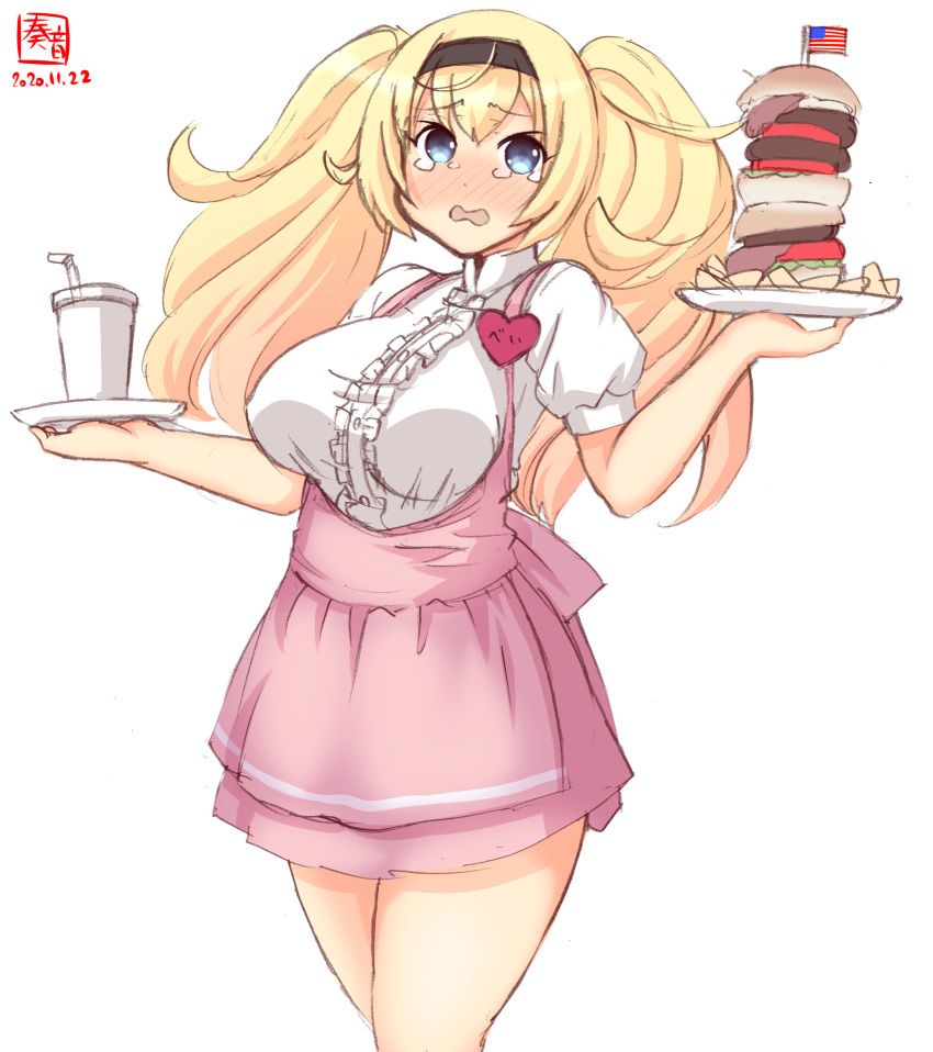 1girl alternate_costume anna_miller apron artist_logo black_hairband blonde_hair blouse blue_eyes breasts commentary_request crying crying_with_eyes_open dated employee_uniform food gambier_bay_(kantai_collection) hairband hamburger highres kanon_(kurogane_knights) kantai_collection large_breasts looking_at_viewer name_tag pink_apron pink_skirt puffy_sleeves revision short_sleeves simple_background skirt solo tears tray tumbler twintails underbust uniform waitress white_background white_blouse