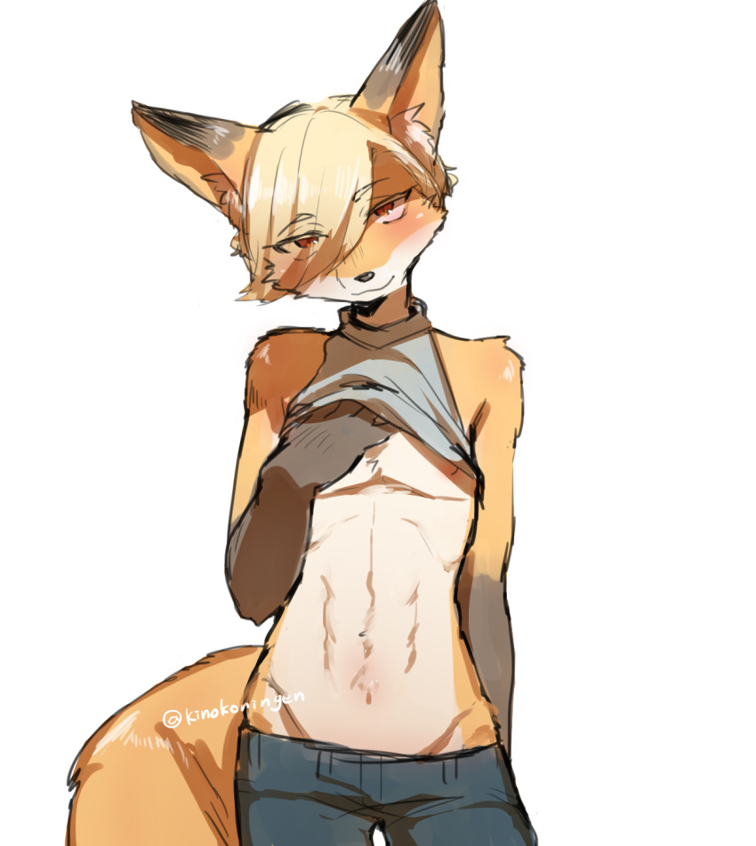 abs alpha_channel anthro biped blonde_hair blush bottomwear canid canine clothed clothing clothing_lift crossgender crotch_lines denim denim_clothing dipstick_ears eye_through_hair fox fox's_brother_(kinokoningen) fur hair hi_res inner_ear_fluff jeans kemono kinokoningen looking_at_viewer low-riding male mammal midriff multicolored_ears orange_body orange_fur pants shirt shirt_lift short_hair simple_background slim smile solo topwear translucent translucent_hair tuft white_background white_body white_fur