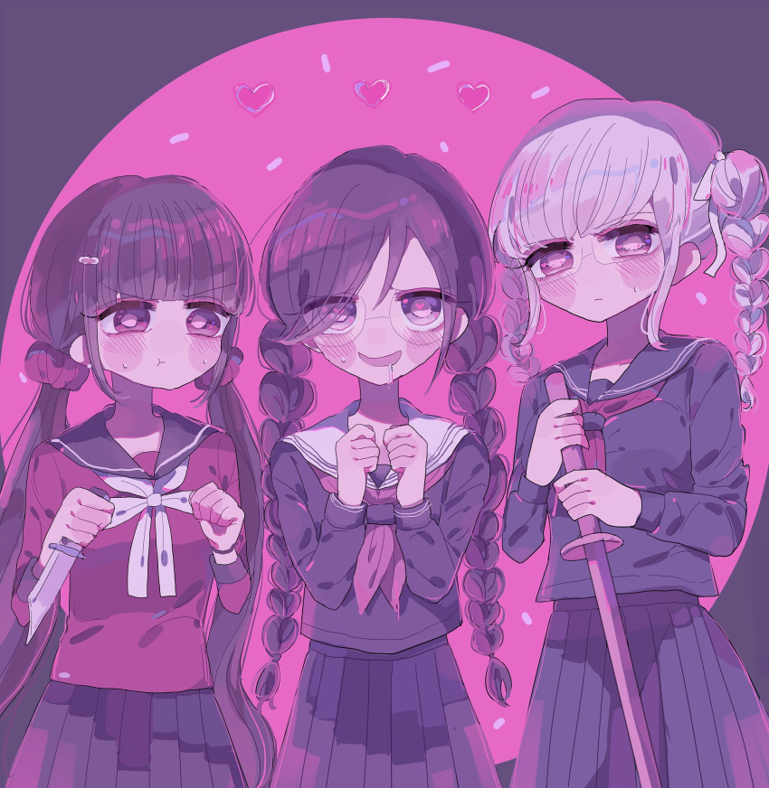 3girls black_hair blush blush_stickers bracelet braid danganronpa danganronpa_1 drooling eyebrows_visible_through_hair fukawa_touko glasses hair_ornament hair_ribbon hairclip harukawa_maki heart heart-shaped_pupils highres holding holding_knife jewelry knife long_hair long_sleeves low_twintails multiple_girls new_danganronpa_v3 pastel_colors pekoyama_peko red_eyes ribbon round_eyewear school_uniform scrunchie serafuku silver_hair sketchi skirt smile super_danganronpa_2 sweat sword symbol-shaped_pupils twin_braids twintails weapon