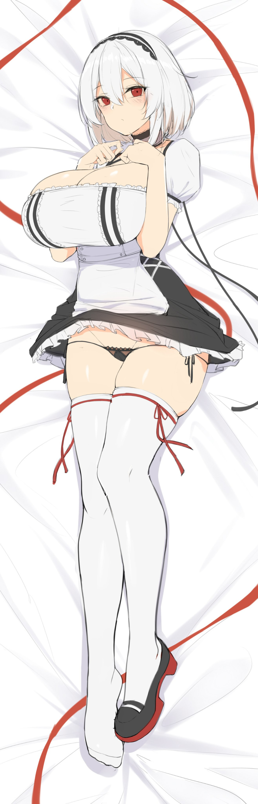 1girl absurdres azur_lane bangs bed_sheet black_panties blush breasts chixiao choker cleavage closed_mouth dakimakura eyebrows_visible_through_hair from_above hair_between_eyes hairband hands_on_own_chest highres huge_breasts looking_at_viewer lowleg lowleg_panties lying on_back panties puffy_short_sleeves puffy_sleeves red_eyes red_ribbon ribbon ribbon-trimmed_legwear ribbon_trim shoes short_hair short_sleeves side-tie_panties single_shoe sirius_(azur_lane) solo thighhighs thighs underwear white_hair white_legwear work_in_progress