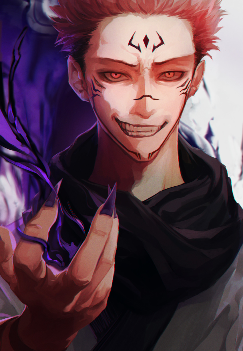 1boy absurdres black_scarf brown_hair commentary extra_eyes facial_tattoo fingernails fire grey_kimono grin highres japanese_clothes jujutsu_kaisen kimono long_neck looking_at_viewer magic male_focus matsunaga777 purple_fire purple_nails red_eyes ryoumen_sukuna_(jujutsu_kaisen) scarf sharp_fingernails short_hair smile solo spiked_hair tattoo teeth upper_body