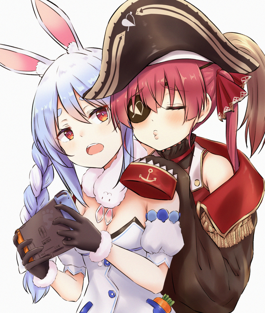 2girls ^3^ absurdres animal_ear_fluff animal_ears black_gloves bunny_ears coat eyebrows_visible_through_hair eyepatch fur-trimmed_gloves fur_trim gloves hands_on_another's_shoulders highres hikimayu hololive houshou_marine hug hug_from_behind huge_filesize light_blush long_hair multiple_girls nintendo_switch orange_eyes pikao pirate rabbit_girl simple_background sleeves_past_fingers sleeves_past_wrists twintails upper_body usada_pekora virtual_youtuber white_background yuri