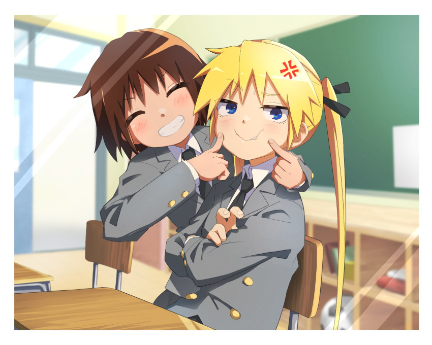 2girls anger_vein annoyed black_neckwear black_ribbon blazer blonde_hair blue_eyes blurry blurry_background brown_hair classroom closed_eyes crossed_arms desk fingers_on_another's_face fingers_to_cheeks grin hair_ribbon highres indoors jacket kill_me_baby long_hair multiple_girls necktie oribe_yasuna ribbon school_desk short_hair smile sonya_(kill_me_baby) twintails upper_body yachima_tana