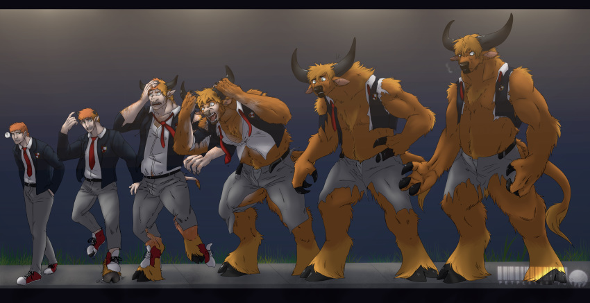 absurd_res anthro bottomwear bovid bovine brown_body brown_fur cattle clothing cloven_hooves european_mythology fingers fur greek_mythology growth hi_res hooved_fingers hooves horn human human_to_anthro male mammal minotaur muscle_growth muscular muscular_male mythology pants petplayer976 school_uniform solo species_transformation torn_clothing transformation uniform wardrobe_malfunction