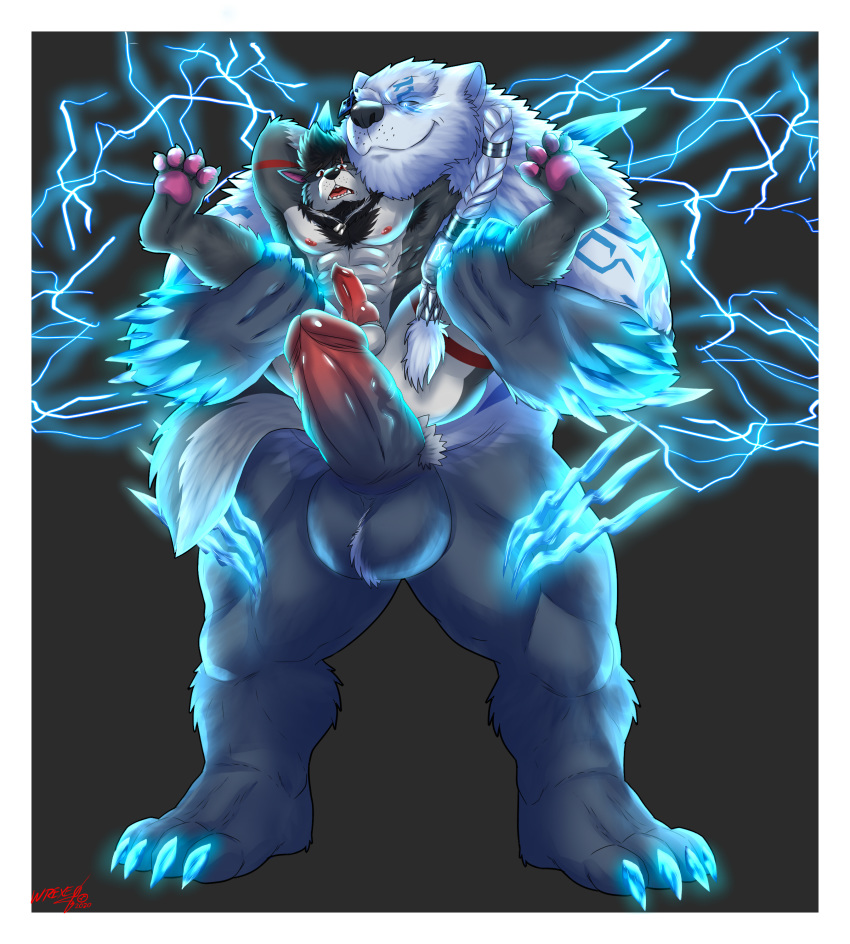 absurd_res animal_genitalia anthro big_penis canid canine canis deity duo electricity erection genitals glistening glistening_claws glistening_eyes hi_res knot krowlfer league_of_legends ligoni male male/male mammal muscular muscular_male pawpads penis riot_games scared size_difference smug_face smug_grin sparks ursid video_games volibear volibear_(lol) were werecanid werecanine werewolf wolf
