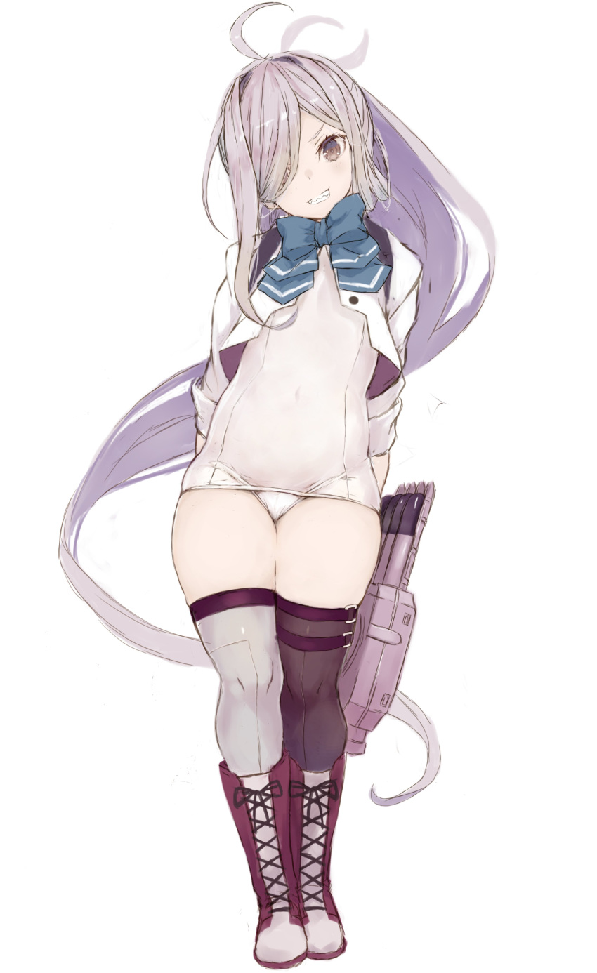 1girl absurdres ahoge arms_behind_back asashimo_(kantai_collection) bangs black_legwear blue_neckwear boots bow bowtie covered_navel cross-laced_footwear grey_eyes grey_hair grin hair_over_one_eye highres jacket kantai_collection knee_boots lace-up_boots long_hair mismatched_legwear ponytail remodel_(kantai_collection) ryo_(tg290) sharp_teeth simple_background smile solo standing swimsuit swimsuit_under_clothes teeth thighhighs white_background white_legwear white_swimsuit
