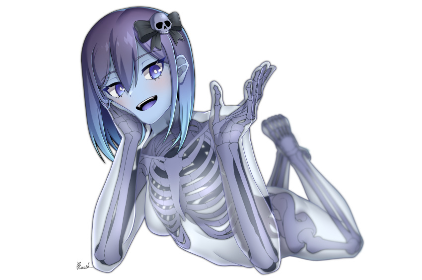 barefoot blue_eyes blue_hair blush bones breasts fang nude original paravene short_hair signed white