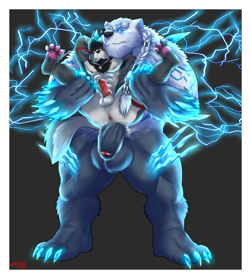 absurd_res animal_genitalia annoyed annoyed_expression anthro canid canine canis deity dog_tags duo electricity flaccid genitals glistening glistening_claws glistening_eyes hi_res knot krowlfer league_of_legends ligoni male male/male mammal muscular muscular_male pawpads penis riot_games size_difference smug_grin sparks ursid video_games volibear volibear_(lol) were werecanid werecanine werewolf wolf