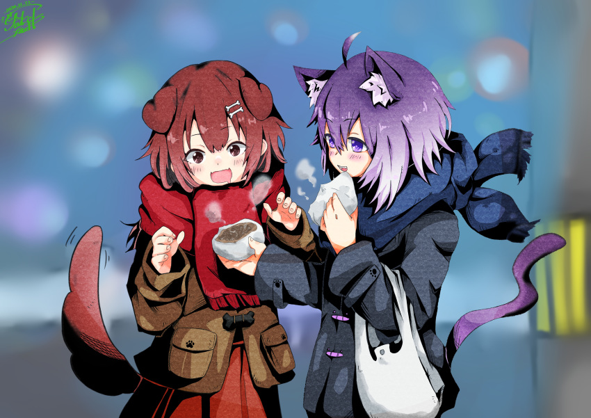 2girls absurdres adapted_costume ahoge animal_ear_fluff animal_ears aoi_rt0 bag baozi bone_hair_ornament brown_eyes brown_hair carrying_bag cat_ears cat_tail city city_lights dated dog dog_ears dress elbow_carry food grey_jacket hair_ornament highres hololive inugami_korone jacket multiple_girls nekomata_okayu night open_mouth paw_print plastic_bag purple_eyes purple_hair red_dress saliva scarf sharing_food signature steam tail tail_wagging virtual_youtuber