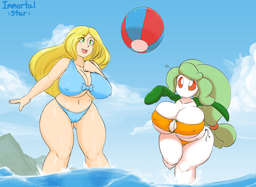 ball beach_ball big_breasts bikini blonde_hair breasts clothing cloud duo elemental_creature elemental_humanoid female flora_fauna green_eyes green_hair hair hi_res huge_breasts human humanoid immortalstar leaf leaf_hair lilligant mammal nintendo nipple_outline not_furry orange_eyes plant plant_hair plant_humanoid pok&eacute;mon pok&eacute;mon_(species) pseudo_hair short_stack swimwear video_games water wave white_body white_skin