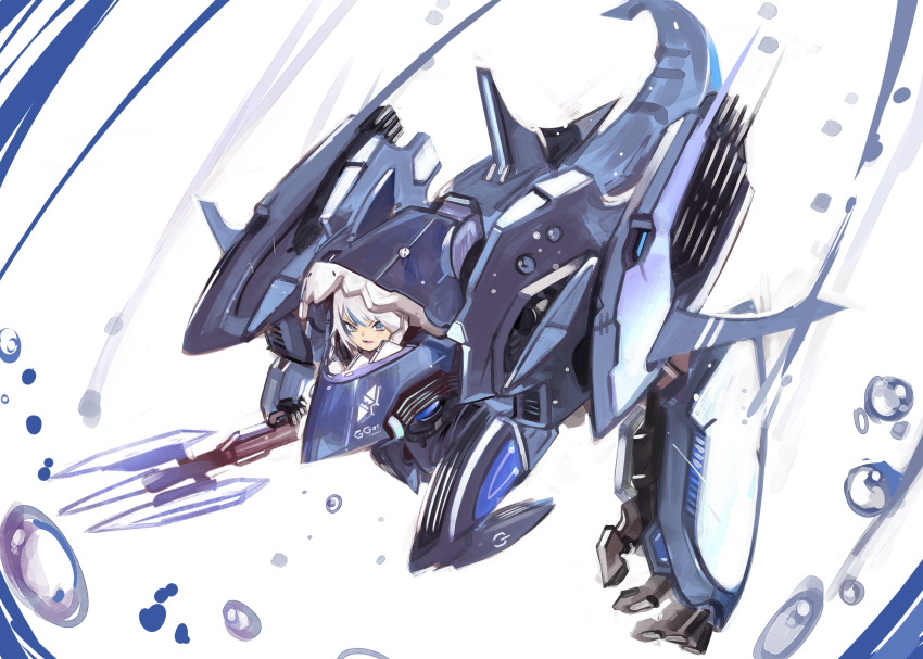 1girl bangs blue_eyes blue_hair dokuro_deluxe eyebrows_visible_through_hair flying gawr_gura highres holding holding_weapon hololive hololive_english looking_at_viewer mecha mechanical_tail multicolored_hair open_hand open_mouth polearm science_fiction sharp_teeth silver_hair solo streaked_hair tail teeth trident tsurime v-shaped_eyebrows virtual_youtuber water weapon white_background