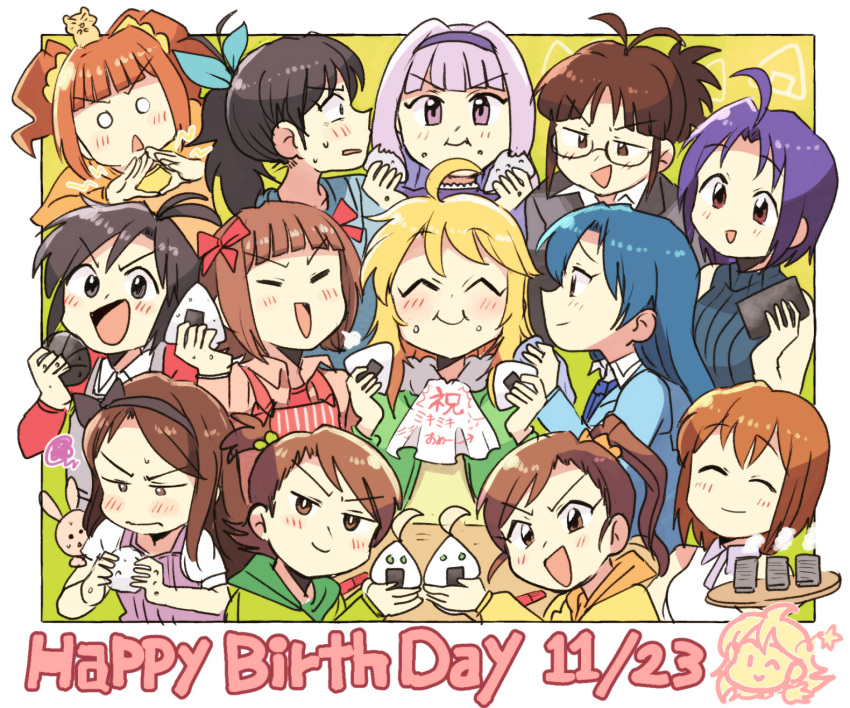 6+girls ^_^ ahoge akizuki_ritsuko amami_haruka bangs black_eyes black_headband blonde_hair blue_hair blunt_bangs blush brown_hair closed_eyes eating everyone eyebrows_visible_through_hair food futami_ami futami_mami ganaha_hibiki glasses hagiwara_yukiho happy_birthday headband highres holding holding_food hoshii_miki idolmaster idolmaster_(classic) kikuchi_makoto kisaragi_chihaya minase_iori miura_azusa multiple_girls onigiri open_mouth ponytail purple_eyes purple_hair shijou_takane short_hair short_sidetail side_ponytail surprised takatsuki_yayoi tsubobot twintails v-shaped_eyebrows