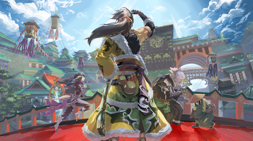 2boys 2girls absurdres architecture armored_boots asymmetrical_clothes au_ra beard black_hair blue_sky bodysuit boots bridge brown_hair building cloud coat commentary_request cup dango day dragon_girl dragon_horns dragon_tail east_asian_architecture facial_hair facing_away final_fantasy final_fantasy_xiv fisheye floating_hair food from_behind from_side fur_trim gosetsu_daito grey_hair hair_ribbon hat hien_rijin highres holding holding_cup horns hyur japanese_clothes kimono leaning_forward long_hair looking_afar looking_at_another multiple_boys multiple_girls ninja_(final_fantasy) outdoors ponytail railing ribbon running russiya samurai_(final_fantasy) scabbard scales scar sheath short_hair sky smile standing sunlight tail wagashi wind wings yotsuyu_(ff14) yugiri_mistwalker