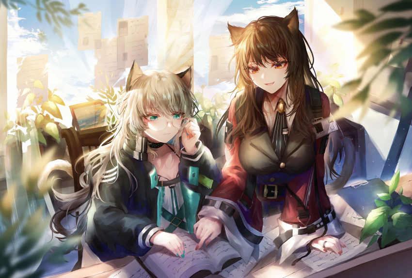 2girls animal_ears aqua_eyes arknights book brown_eyes brown_hair catgirl glasses gray_hair long_hair mint_(arknights) skyfire_(arknights) tail takano_jiyuu