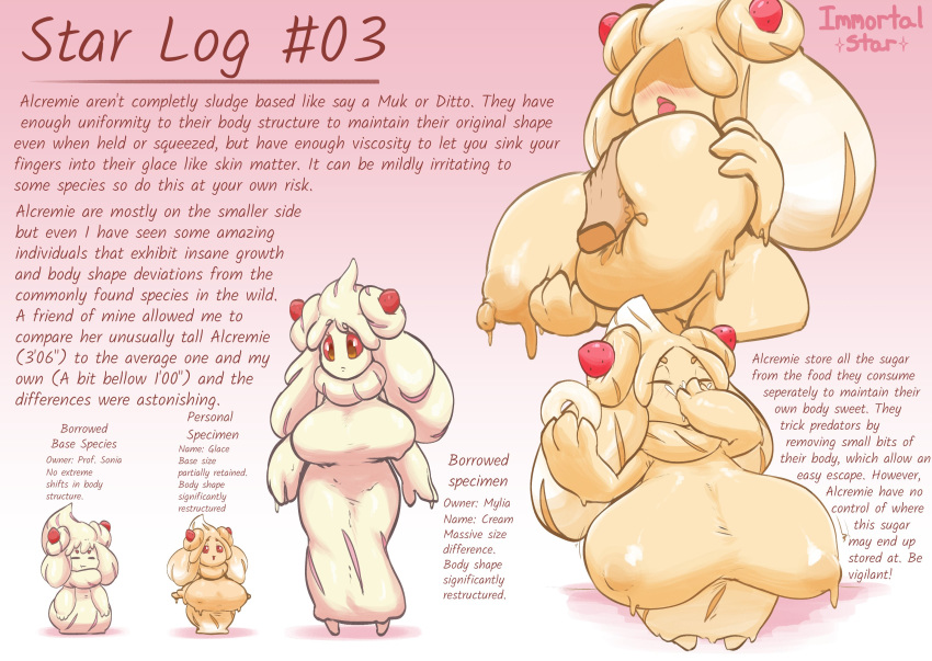 alcremie big_breasts breast_expansion breast_size_difference breasts dessert disembodied_hand doughnut eating english_text expansion female fingering food food_creature goo_creature goo_humanoid group hi_res huge_breasts humanoid immortalstar nintendo nipple_fetish nipple_fingering nipple_play nipples not_furry open_mouth pok&eacute;mon pok&eacute;mon_(species) pseudo_clothing red_eyes research short_stack size_difference text video_games