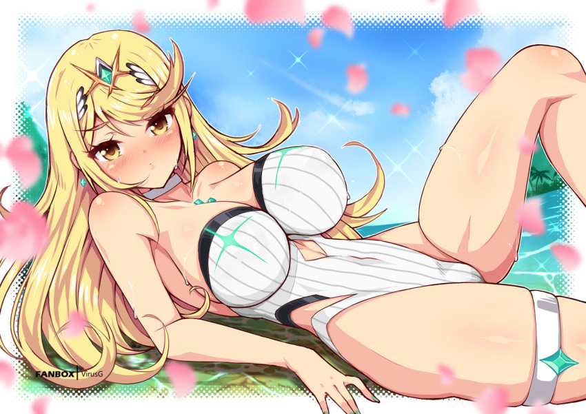 1girl bangs beach blonde_hair blush breasts chest_jewel colored_eyelashes day earrings fanbox_username jewelry large_breasts long_hair looking_at_viewer lying mythra_(radiant_beach)_(xenoblade) mythra_(xenoblade) on_back one-piece_swimsuit outdoors sky solo strapless strapless_swimsuit swept_bangs swimsuit tiara virus-g white_swimsuit xenoblade_chronicles_(series) xenoblade_chronicles_2 yellow_eyes