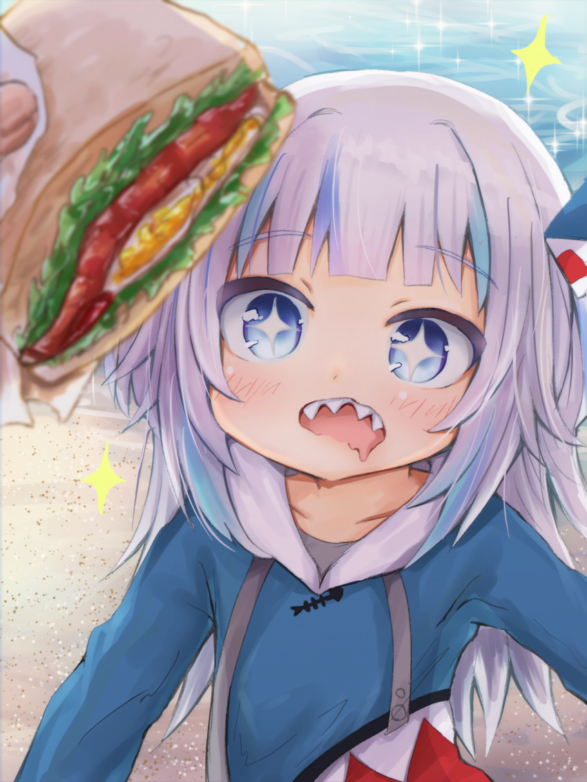 1girl bangs blue_eyes blue_hair blue_hoodie blunt_bangs feeding food gawr_gura hair_ornament highres hololive hololive_english hood hoodie long_sleeves medium_hair multicolored_hair open_mouth sandwich sharp_teeth silver_hair streaked_hair takatsurt teeth two_side_up virtual_youtuber