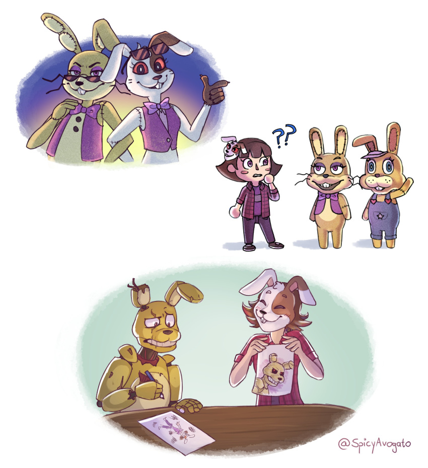 2020 absurd_res animal_crossing animatronic anthro bunny_costume clothed clothing costume drawing duo english_text eyewear female five_nights_at_freddy's five_nights_at_freddy's:_security_breach five_nights_at_freddy's_3 fnaf_vr_help_wanted glitchtrap green_eyes headgear headwear hi_res human lagomorph legwear leporid looking_at_viewer machine male mammal mask nintendo rabbit red_sclera robot simple_background smile spicyavogato springtrap_(fnaf) sunglasses teeth text vanny_(fnaf) video_games white_body zipper_t._bunny