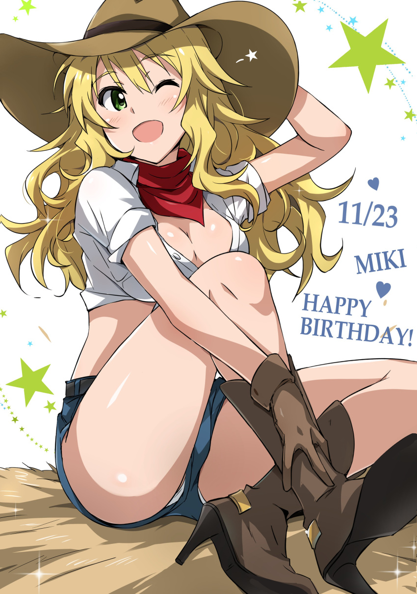 1girl absurdres arm_up bangs belt blonde_hair blue_shorts boots breasts brown_footwear brown_gloves brown_headwear character_name cleavage commentary cowboy_hat dated eyebrows_visible_through_hair gloves green_eyes hair_between_eyes happy_birthday hat high_heel_boots high_heels highres hoshii_miki idolmaster idolmaster_(classic) knee_up looking_at_viewer messy_hair one_eye_closed open_mouth panties red_neckwear shiny shiny_skin shirt short_shorts shorts sitting smile solo sparkle starry_background thighs tied_shirt tokiani underwear white_panties white_shirt