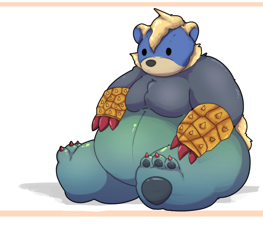 2020 anthro arzuros belly blue_body capcom djungelskog hi_res kemono kusosensei monster_hunter overweight overweight_anthro primatius simple_background sitting solo video_games