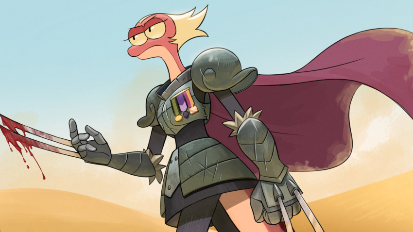 16:9 amphibia_(series) amphibian anthro armor blood bodily_fluids cape clothing desert disney female hair hi_res mangamaster medal newt salamander_(amphibian) solo weapon widescreen yunnan