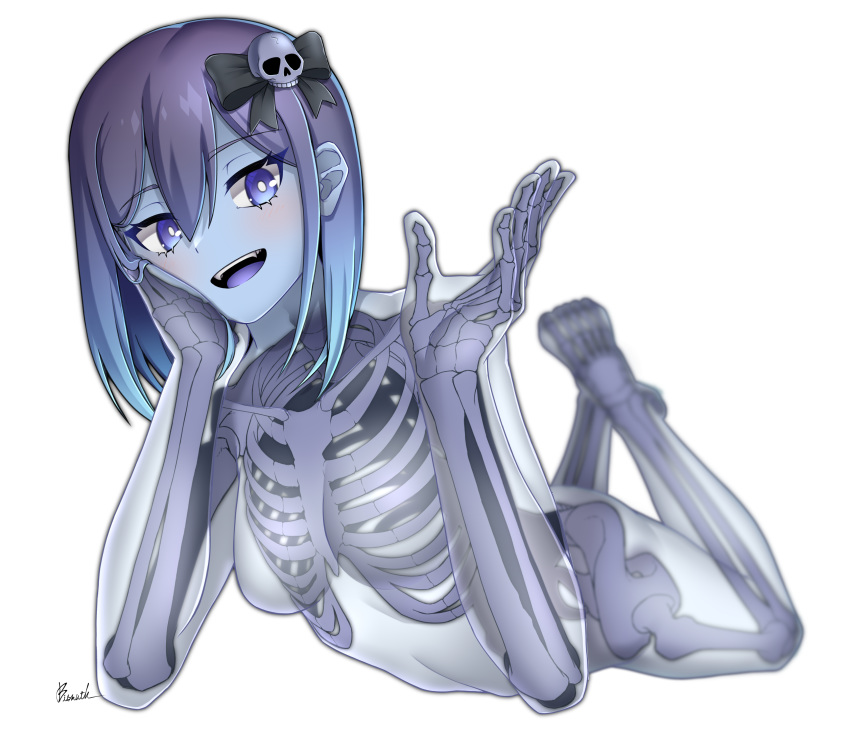 1girl :d absurdres bangs barefoot black_bow blue_eyes blue_hair blue_skin blush bow breasts commentary_request eyebrows_visible_through_hair fangs full_body gradient_hair hair_between_eyes hair_bow hair_ornament highres legs_up long_hair looking_at_viewer lying medium_breasts monster_girl multicolored_hair nude on_stomach open_mouth original paravene purple_hair signature simple_background skeleton skull_hair_ornament smile solo upper_teeth white_background