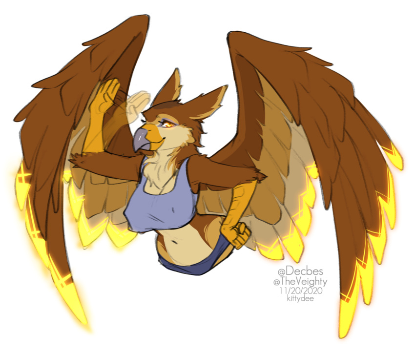 2020 5_fingers alpha_channel anthro avian beak breasts brown_body brown_feathers brown_fur clothed clothing digital_media_(artwork) feathered_wings feathers female fingers fur gryphon kittydee midriff mythological_avian mythology navel non-mammal_breasts smile solo tan_body tan_fur wings