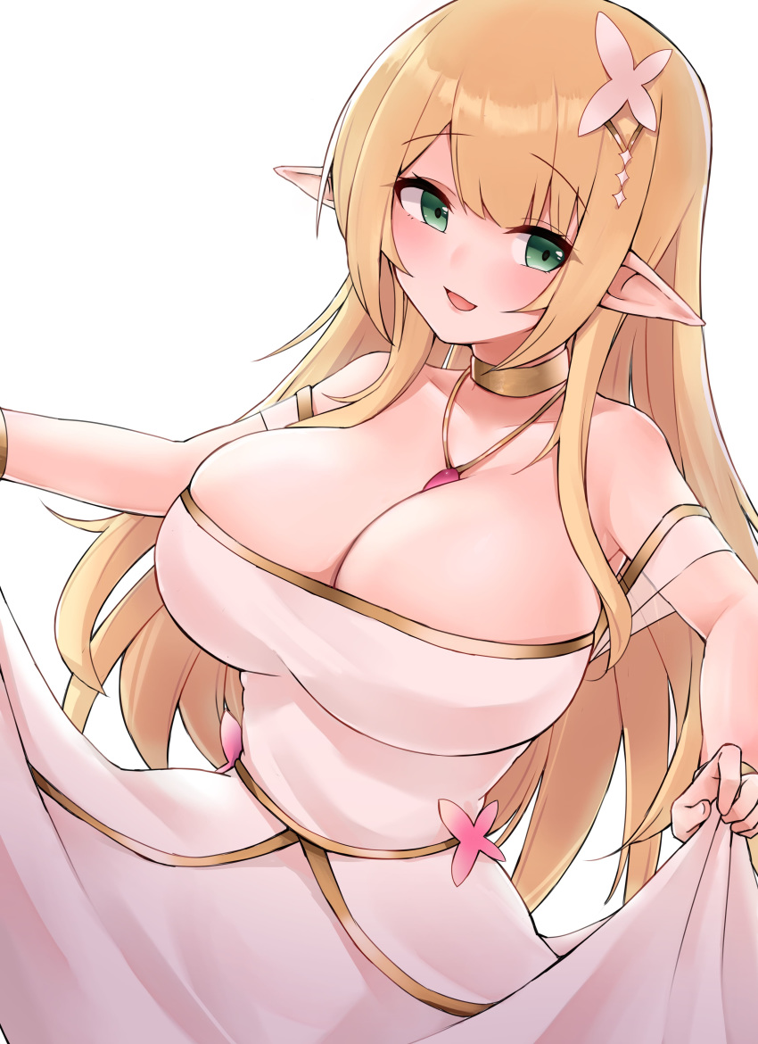 1girl absurdres bangs bare_shoulders blonde_hair blush breasts cleavage collarbone commentary_request dress elf eyebrows_visible_through_hair green_eyes highres jewelry lagijay large_breasts opera original pointy_ears simple_background smile white_background