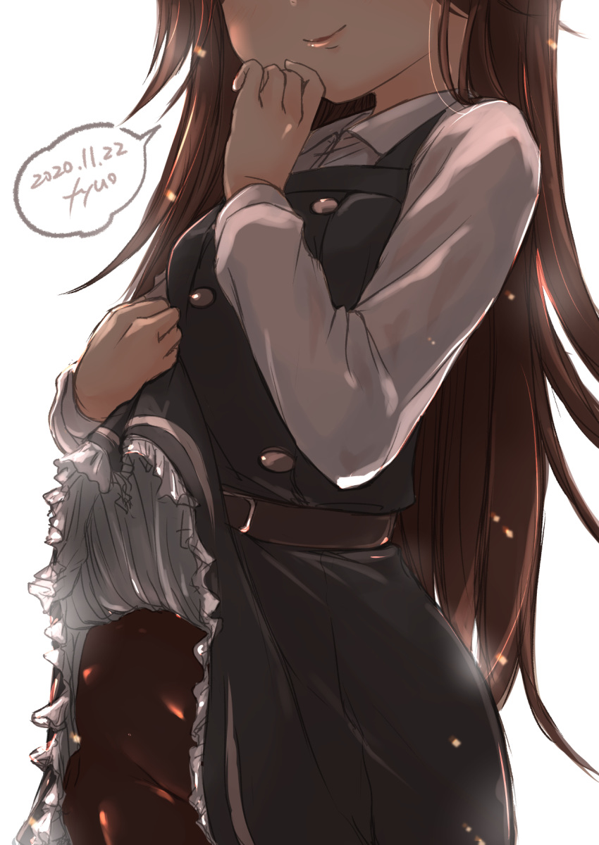 1girl arashio_(kantai_collection) artist_name black_legwear brown_eyes brown_hair commentary_request cowboy_shot dated dress dress_lift frilled_dress frills fyuo head_out_of_frame highres kantai_collection lifted_by_self long_hair no_panties pantyhose pinafore_dress shirt simple_background smile solo speech_bubble standing white_background white_shirt