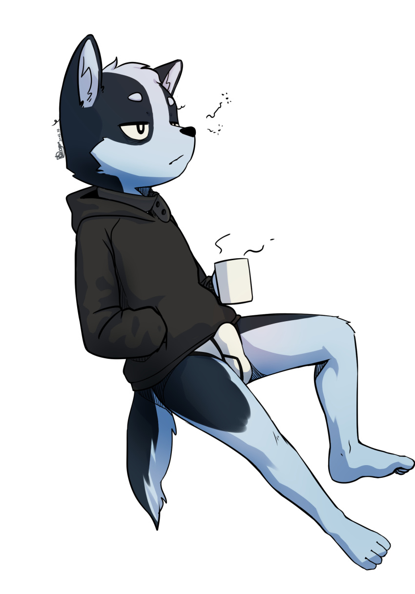 anthro black_clothing black_hoodie black_topwear briefs bulge canid canine canis clothing coffee_mug domestic_dog drawyourfursona erection_pushing_underwear hi_res hoodie hoodie/briefs_meme male mammal meme meme_clothing pk_blct simple_background solo topwear underwear white_clothing white_underwear