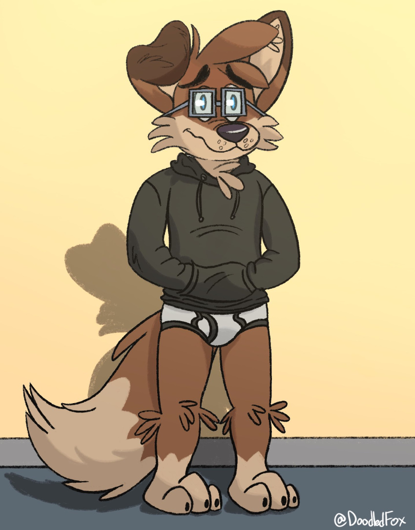 anthro black_clothing black_hoodie black_topwear briefs canid canine clothing doodledfox drawyourfursona fox hi_res hoodie hoodie/briefs_meme male mammal meme meme_clothing simple_background solo standing topwear underwear white_clothing white_underwear