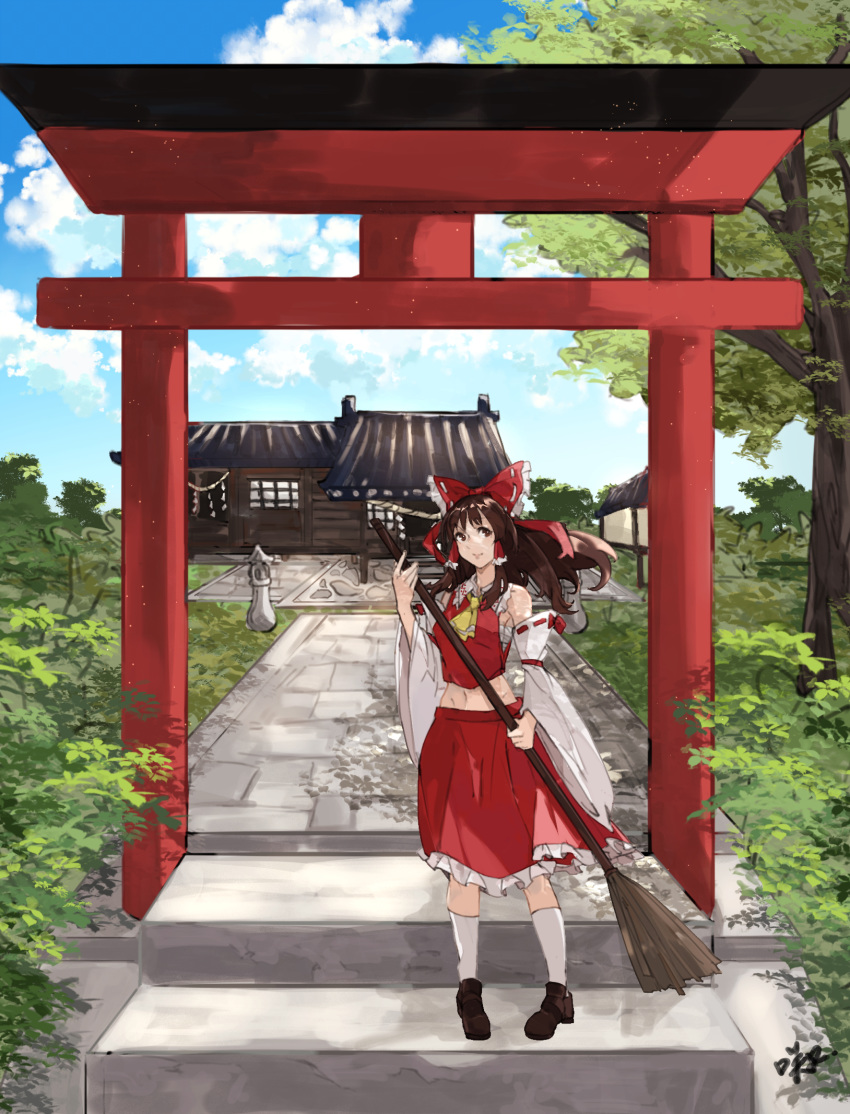 1girl ascot bamboo_broom blue_sky bow broom brown_eyes brown_hair bush cloud cloudy_sky dappled_sunlight detached_sleeves frilled_skirt frills full_body hakurei_reimu hakurei_shrine highres japanese_clothes looking_to_the_side miko navel outdoors path red_bow red_skirt ribbon-trimmed_sleeves ribbon_trim rooftop rope sakuremi shade shide shimenawa shrine signature skirt sky solo stairs stone_lantern stone_path stone_stairs sunlight sweeping torii touhou tree wide_sleeves