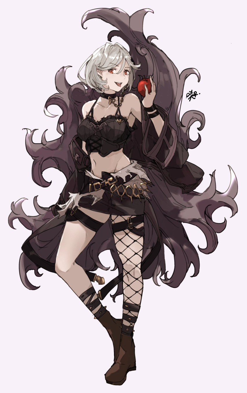 1girl alter_ego_malevolent_(granblue_fantasy) apple belt black_coat bob_cut boots cape chain choker coat collar collarbone crop_top djeeta_(granblue_fantasy) fishnet_legwear fishnets food fruit granblue_fantasy highres holding holding_food holding_fruit looking_at_viewer navel off-shoulder_coat punk red_eyes sakuremi shorts signature simple_background single_thighhigh smirk solo spaghetti_strap spiked_anklet thigh_strap thighhighs tongue tongue_out white_background white_hair