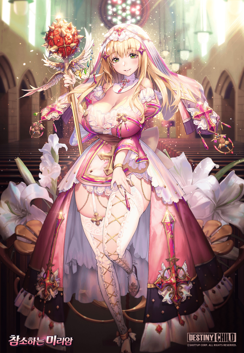 1girl bangs bare_shoulders blonde_hair blush breasts cathedral cleavage destiny_child dress eyebrows_visible_through_hair flower green_eyes highres indoors jewelry korean_text large_breasts long_hair looking_at_viewer miriam_(destiny_child) mole mole_under_mouth official_art scepter solo thighhighs