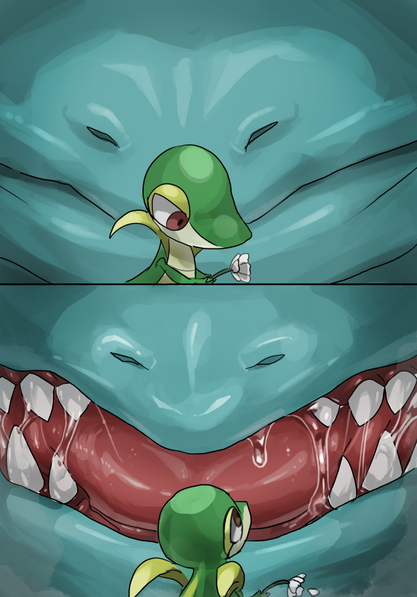 absurd_res ambiguous_gender blue_body bodily_fluids duo feral green_body hi_res hiore macro micro mouth_shot nintendo open_mouth pink_tongue pok&eacute;mon pok&eacute;mon_(species) saliva saliva_string sharp_teeth snivy teeth thick_tongue tongue venusaur video_games