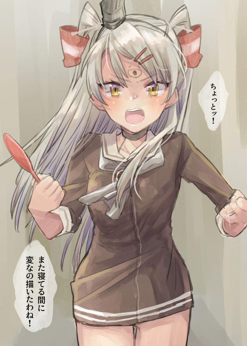 1girl amatsukaze_(kantai_collection) bangs blush brown_dress dress face_painting grey_background grey_neckwear hair_ornament hair_tubes hairclip highres jewelry kantai_collection long_hair long_sleeves neckerchief open_mouth ring sailor_collar sailor_dress short_dress simple_background solo sparkle speech_bubble translation_request two_side_up wedding_band yami_(m31) yellow_eyes