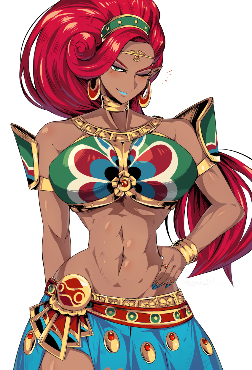 1girl abs armlet bare_shoulders blue_lips blue_nails blue_skirt blush bracelet breastplate breasts closed_mouth collarbone curvy dark_skin dark_skinned_female earrings gerudo gold gold_choker green_eyes highres jewelry large_breasts long_hair navel one_eye_closed red_hair shimure_(460) simple_background skirt smile solo standing the_legend_of_zelda the_legend_of_zelda:_breath_of_the_wild urbosa white_background