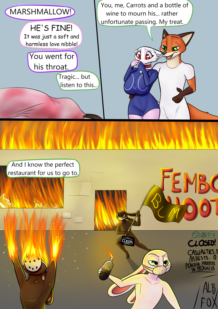 absurd_res albinefox anthro big_breasts breasts burning_building canid canine censored collar comic corpse death disney english_text fan_character female femboy_hooters flag fox group hi_res hospital_gown humor lagomorph larger_male leporid male mammal marshmallow_(albinefox) molotov_cocktail muzzle_(object) muzzled nick_wilde nude rabbit simple_background size_difference small_waist smaller_female smile text thick_thighs wide_hips wounded zootopia