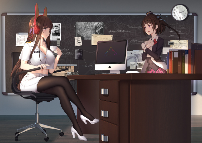 2girls akagi_(warship_girls_r) black_hair black_legwear black_shirt book chair desk hat headgear high_heels indoors long_hair long_sleeves military military_uniform mini_hat miniskirt monitor multiple_girls naval_uniform office_chair one_side_up pantyhose pencil_skirt red_eyes shirt short_sleeves sitting skirt straight_hair tilted_headwear uniform very_long_hair warship_girls_r white_footwear white_shirt white_skirt zhixiang_zhi