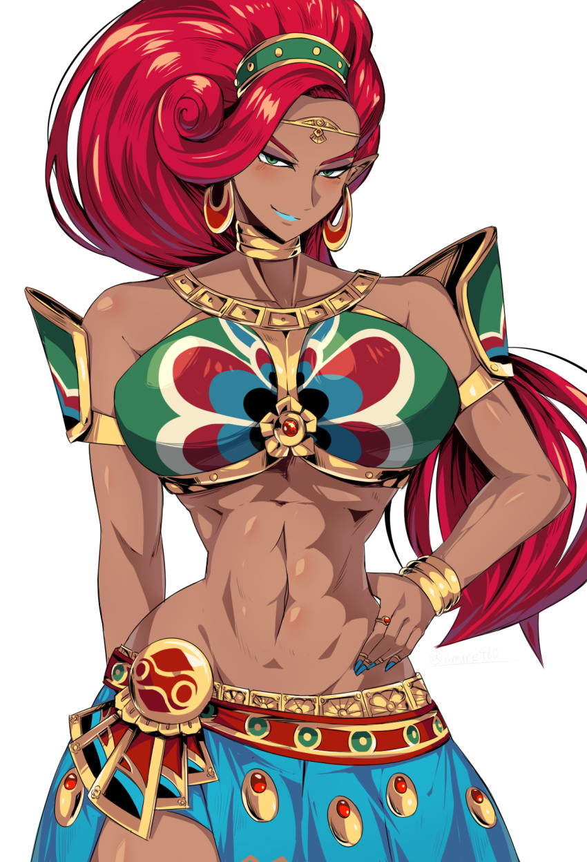 1girl abs armlet bare_shoulders blue_lips blue_nails blue_skirt blush bracelet breastplate breasts closed_mouth collarbone curvy dark_skin dark_skinned_female earrings gerudo gold gold_choker green_eyes highres jewelry large_breasts long_hair navel red_hair shimure_(460) simple_background skirt smile solo standing the_legend_of_zelda the_legend_of_zelda:_breath_of_the_wild urbosa white_background