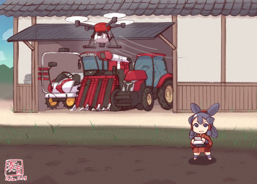 1girl black_hair car chibi controller drone farmer farming garage ground_vehicle highres japanese_clothes kanon_(kurogane_knights) motor_vehicle sakuna-hime technology tensui_no_sakuna-hime tire