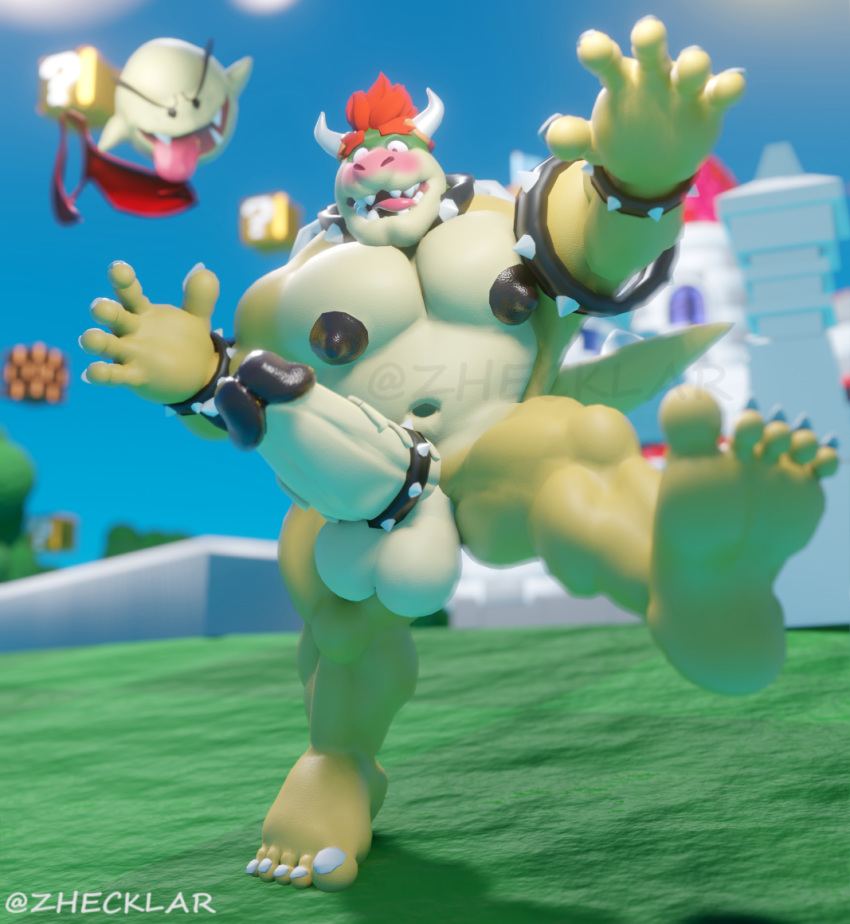 3d_(artwork) 5_fingers 5_toes anthro balls blep blush bowser circumcised digital_media_(artwork) erection exhibitionism feet fingers foot_fetish fungus fur genitals humanoid_feet humanoid_genitalia humanoid_penis koopa male mario_bros multicolored_body multicolored_fur muscular muscular_anthro muscular_male mushroom nintendo nipples nude pecs penis reptile scalie scenery solo toes tongue tongue_out turtle video_games zhecklar