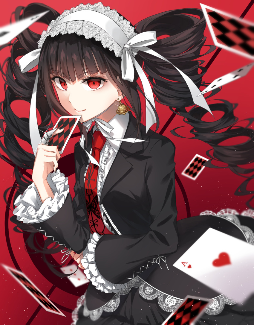 1girl animal_print bangs black_hair black_jacket black_nails black_skirt bonnet butterfly_print card celestia_ludenberck center_frills collared_shirt commentary_request cowboy_shot cross-laced_clothes danganronpa danganronpa_1 drill_hair earrings eyebrows_visible_through_hair frills gothic_lolita gradient gradient_background hair_ornament hairband hand_up highres holding holding_card jacket jewelry lace_trim layered_skirt lolita_fashion lolita_hairband long_hair long_sleeves looking_at_viewer nail_polish nanace_0 necktie playing_card print_neckwear red_background red_eyes ribbon shirt skirt smile solo twin_drills twintails white_ribbon white_shirt