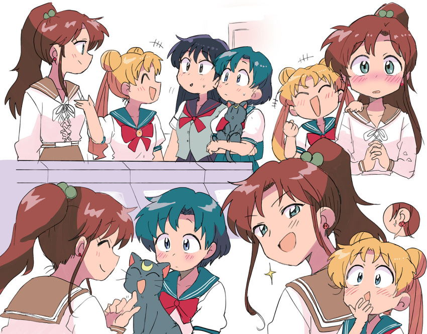 +++ 4girls :d ^_^ animal bangs bishoujo_senshi_sailor_moon black_cat black_hair black_sailor_collar blonde_hair blue_eyes blue_hair blue_sailor_collar blue_skirt blush bow brown_hair brown_sailor_collar brown_skirt cat clenched_hand closed_eyes closed_mouth crescent crescent_facial_mark double_bun earrings facial_mark fist_pump forehead_mark green_eyes grey_shirt hair_bobbles hair_ornament hand_on_another's_shoulder hand_to_own_mouth happy hino_rei holding holding_animal holding_cat interlocked_fingers jewelry juuban_middle_school_uniform kino_makoto kino_makoto's_school_uniform long_hair long_sleeves looking_at_another luna_(sailor_moon) mizuno_ami multiple_girls multiple_views open_mouth own_hands_clasped own_hands_together parted_bangs pleated_skirt ponytail red_bow sailor_collar school_uniform serafuku shirt short_hair short_sleeves skirt smile sparkle speech_bubble sweatdrop ta_girls_school_uniform tsubobot tsukino_usagi twintails white_shirt